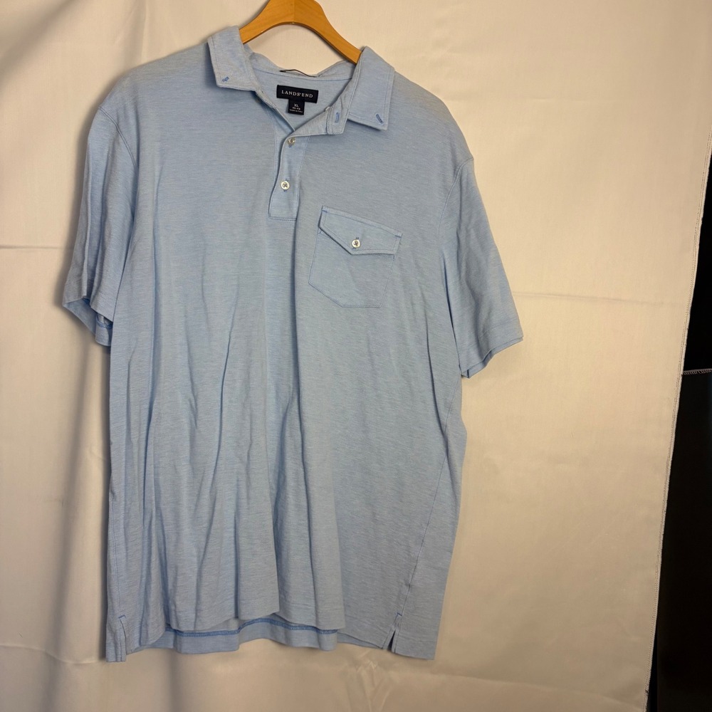 Lands End‎ Mens XL Light Blue 100% Pima Cotton Short Sleeve Polo Shirt Pocket